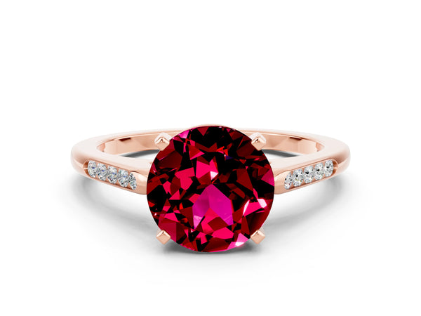 Rose gold Round Cut Garnet Solitaire Ring with Channel Set Round Band and Prong Setting