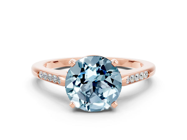 Rose gold Round Cut Aquamarine Solitaire Ring with Channel Set Round Band and Prong Setting