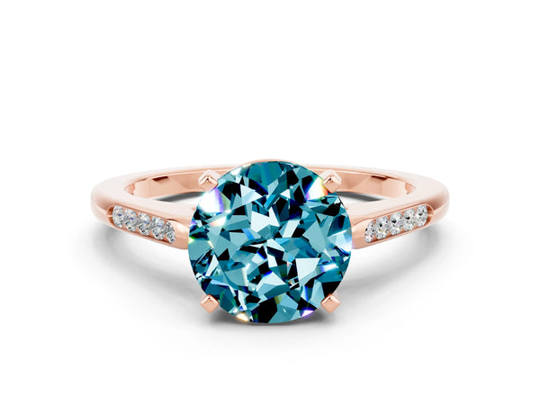 Rose gold Round Cut Blue Topaz Solitaire Ring with Channel Set Round Band and Prong Setting