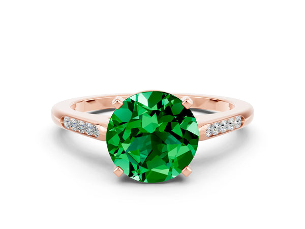 Rose gold Round Cut Emerald Solitaire Ring with Channel Set Round Band and Prong Setting