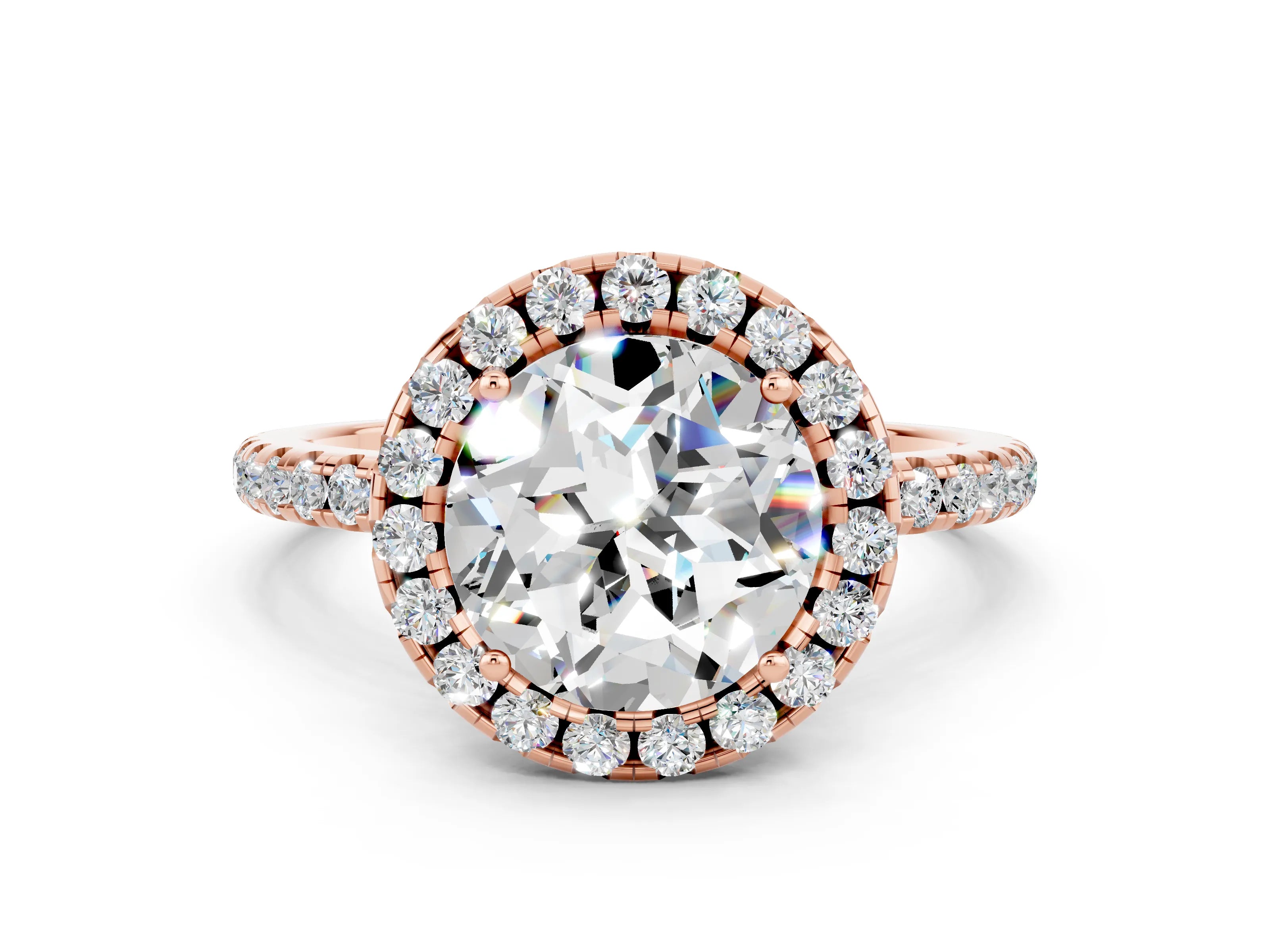 Rose gold Round Cut Cut Diamond Floral Halo Engagement Ring with Pavé Band and Prong Setting