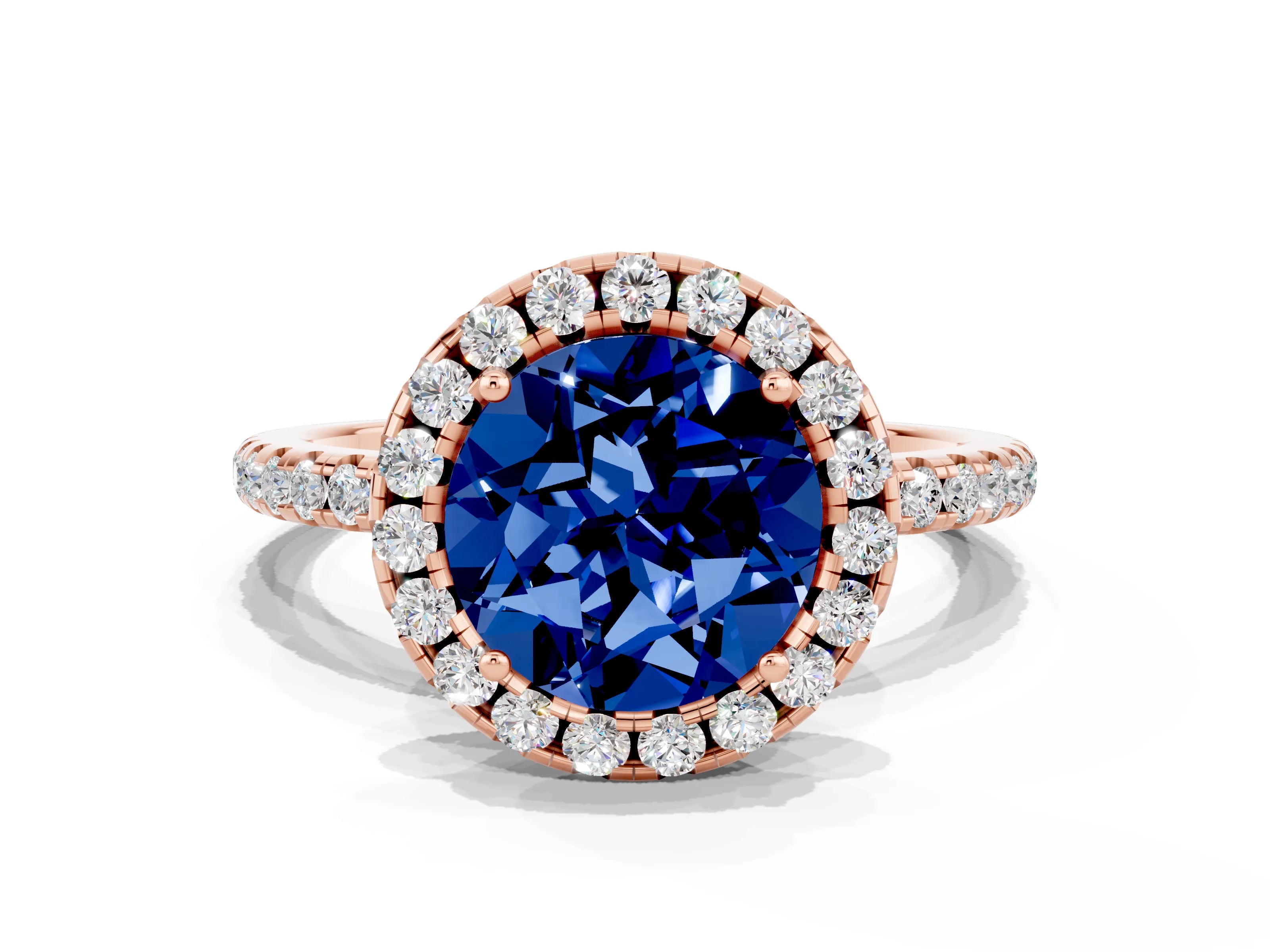 Rose gold Round Cut Cut Diamond Floral Halo Engagement Ring with Pavé Band and Prong Setting