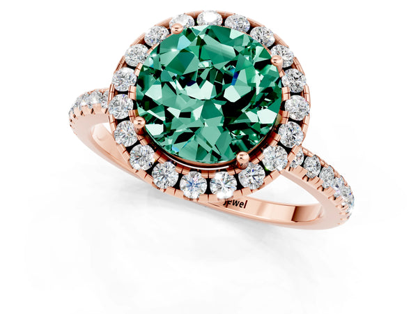 Rose gold Round Cut Green Sapphire Halo Engagement Ring with Round Pavé Band and Prong Setting