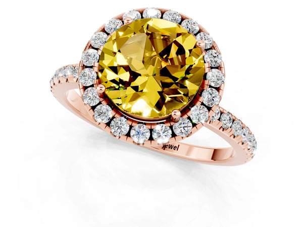 Rose gold Round Cut Yellow Sapphire Halo Engagement Ring with Round Pavé Band and Prong Setting