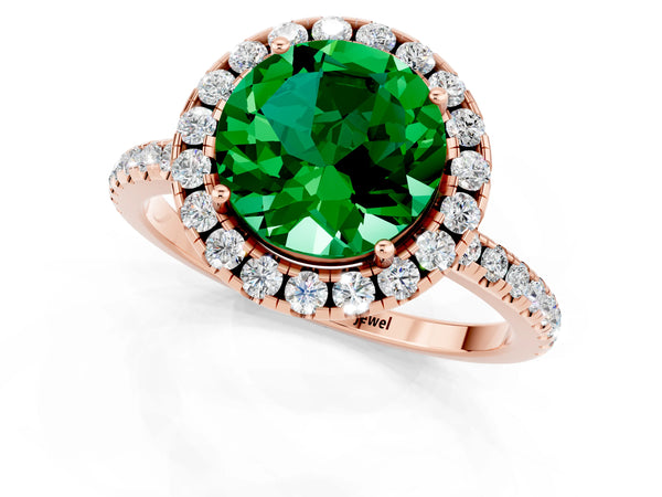Rose gold Round Cut Emerald Halo Engagement Ring with Round Pavé Band and Prong Setting