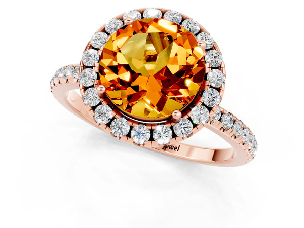 Rose gold Round Cut Citrine Halo Engagement Ring with Round Pavé Band and Prong Setting