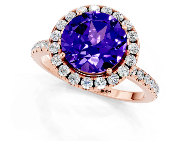 Rose gold Round Cut Tanzanite Halo Engagement Ring with Round Pavé Band and Prong Setting