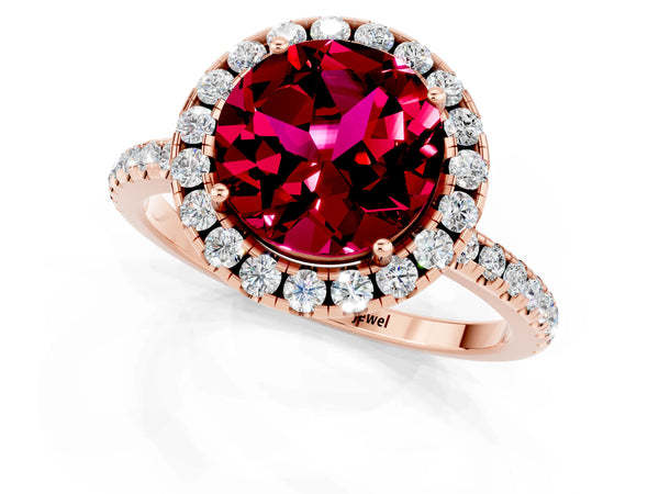 Rose gold Round Cut Garnet Halo Engagement Ring with Round Pavé Band and Prong Setting