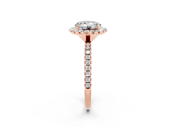 Rose gold Round Cut Moissanite Halo Engagement Ring with Round Pavé Band and Prong Setting