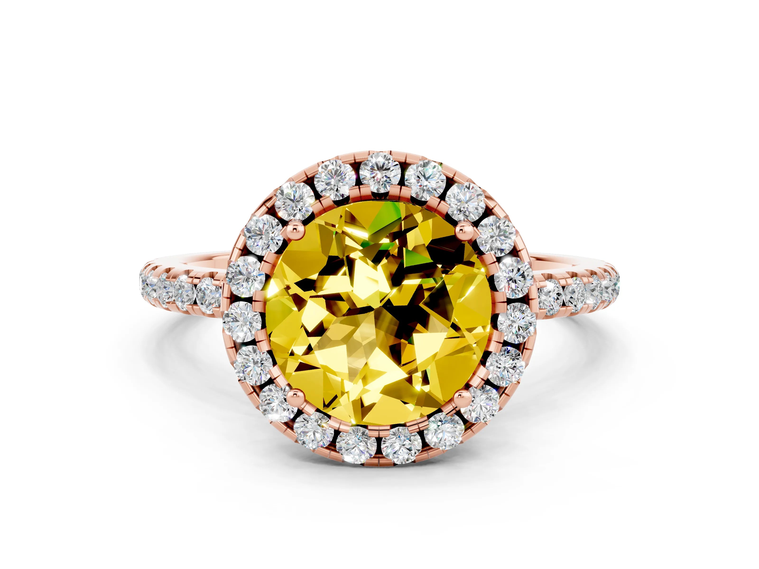 Rose gold Round Cut Cut Diamond Floral Halo Engagement Ring with Pavé Band and Prong Setting
