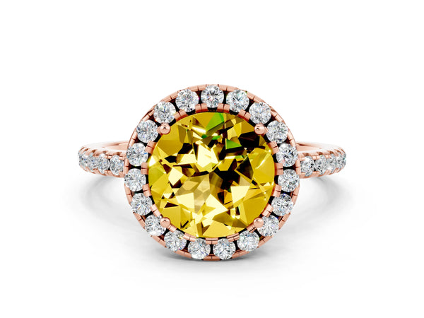 Rose gold Round Cut Yellow Sapphire Halo Engagement Ring with Round Pavé Band and Prong Setting
