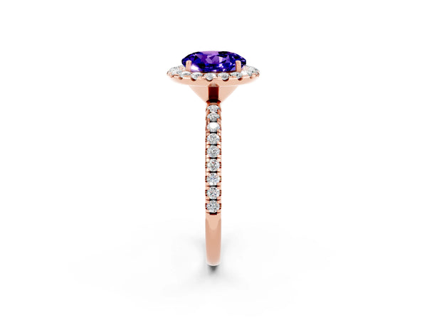 Rose gold Round Cut Tanzanite Halo Engagement Ring with Round Pavé Band and Prong Setting