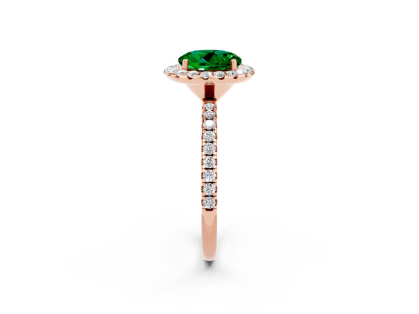 Rose gold Round Cut Emerald Halo Engagement Ring with Round Pavé Band and Prong Setting