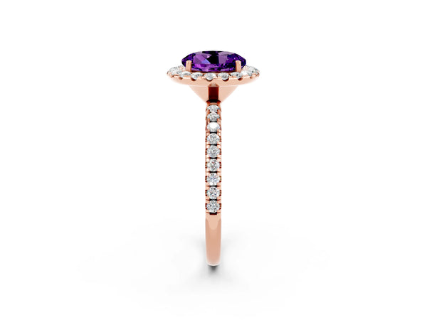 Rose gold Round Cut Amethyst Halo Engagement Ring with Round Pavé Band and Prong Setting