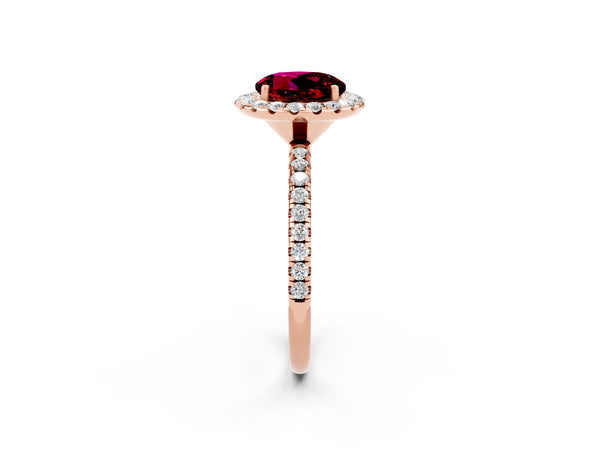 Rose gold Round Cut Garnet Halo Engagement Ring with Round Pavé Band and Prong Setting