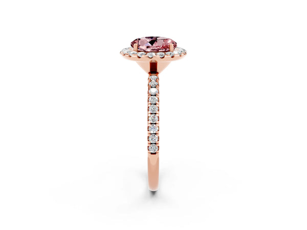 Rose gold Round Cut Cut Diamond Floral Halo Engagement Ring with Pavé Band and Prong Setting