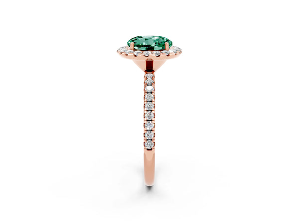 Rose gold Round Cut Green Sapphire Halo Engagement Ring with Round Pavé Band and Prong Setting