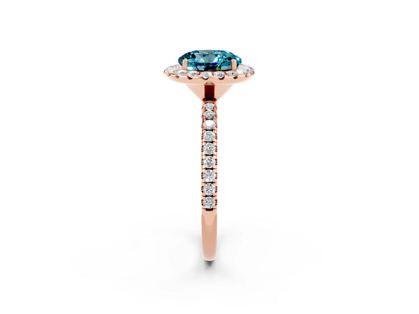 Rose gold Round Cut Cut Diamond Floral Halo Engagement Ring with Pavé Band and Prong Setting