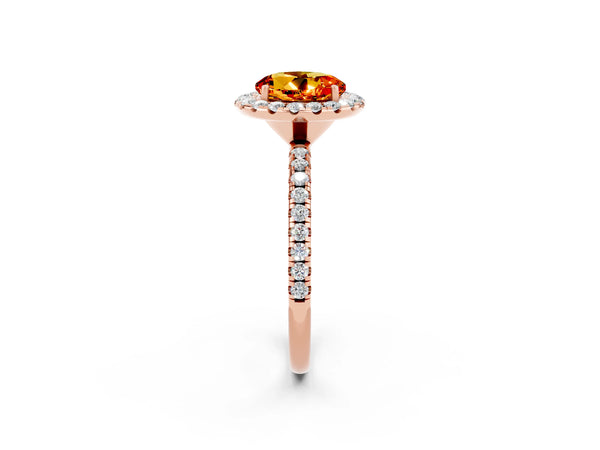 Rose gold Round Cut Citrine Halo Engagement Ring with Round Pavé Band and Prong Setting
