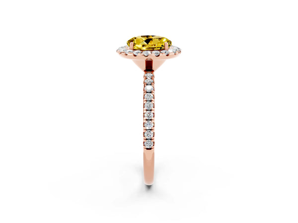 Rose gold Round Cut Yellow Sapphire Halo Engagement Ring with Round Pavé Band and Prong Setting