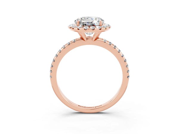 Rose gold Round Cut Moissanite Halo Engagement Ring with Round Pavé Band and Prong Setting