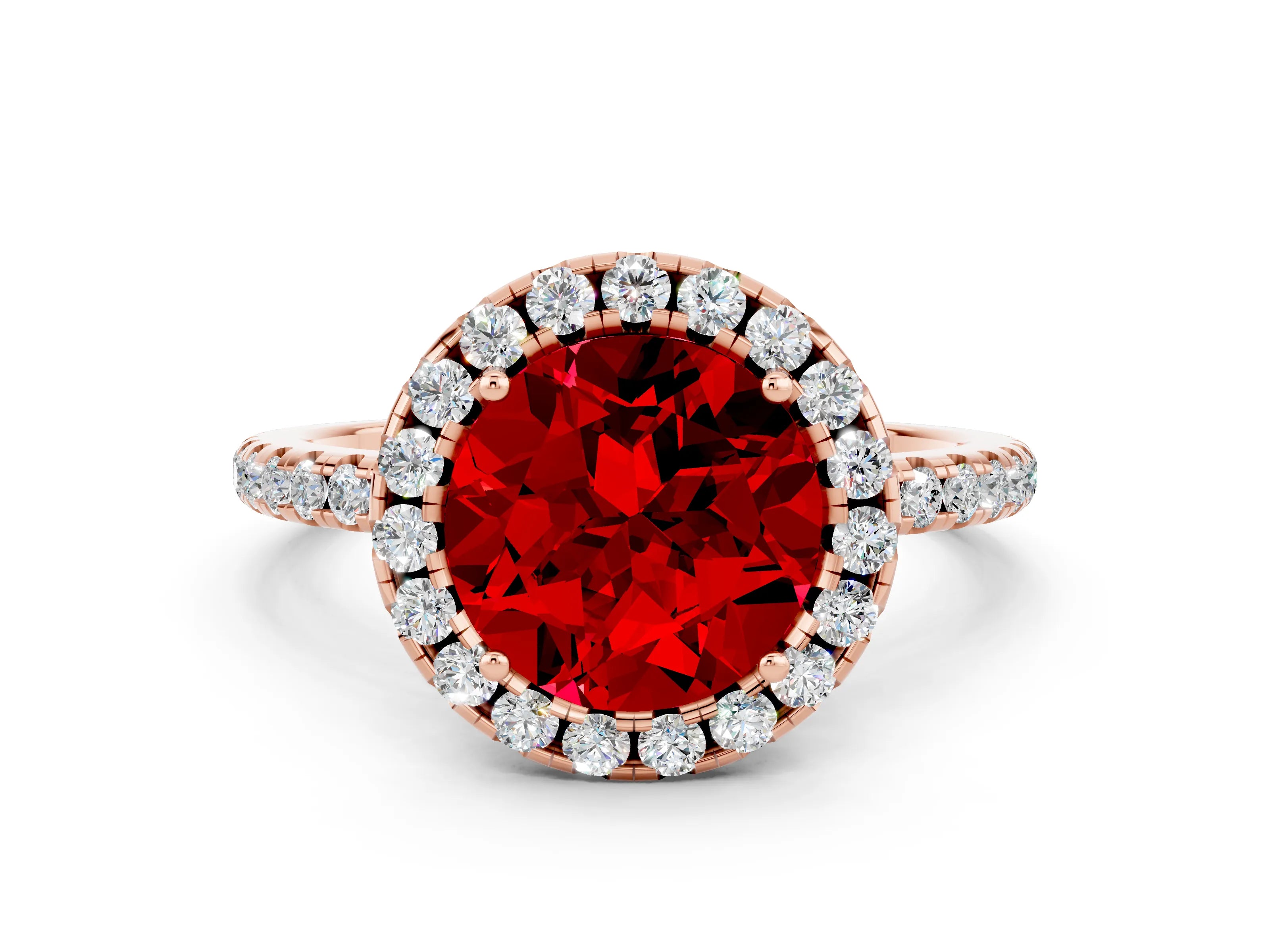 Rose gold Round Cut Cut Diamond Floral Halo Engagement Ring with Pavé Band and Prong Setting