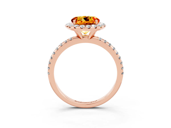 Rose gold Round Cut Citrine Halo Engagement Ring with Round Pavé Band and Prong Setting