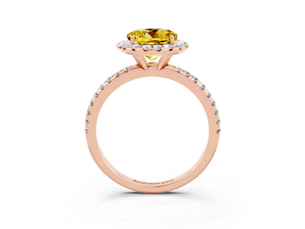 Rose gold Round Cut Yellow Sapphire Halo Engagement Ring with Round Pavé Band and Prong Setting