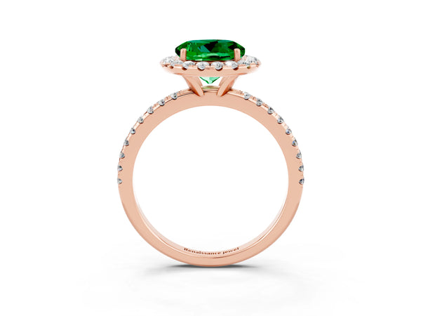 Rose gold Round Cut Emerald Halo Engagement Ring with Round Pavé Band and Prong Setting