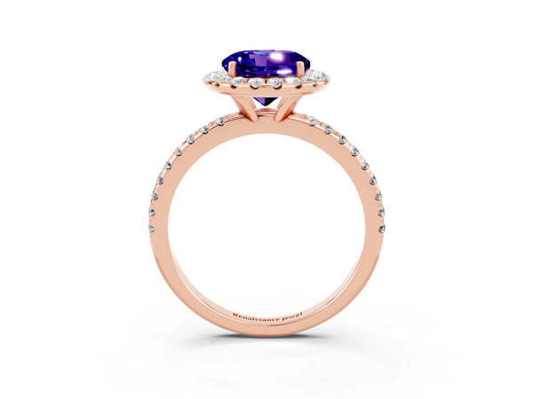 Rose gold Round Cut Tanzanite Halo Engagement Ring with Round Pavé Band and Prong Setting