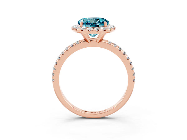 Rose gold Round Cut Cut Diamond Floral Halo Engagement Ring with Pavé Band and Prong Setting