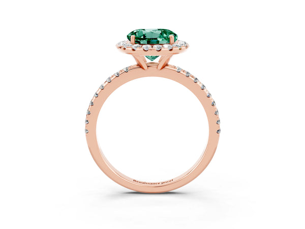 Rose gold Round Cut Green Sapphire Halo Engagement Ring with Round Pavé Band and Prong Setting