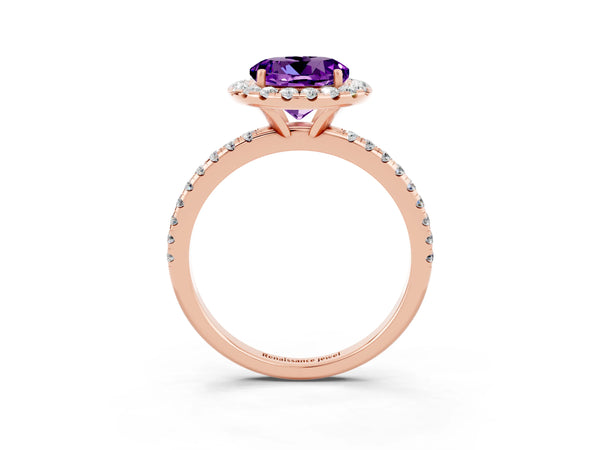 Rose gold Round Cut Amethyst Halo Engagement Ring with Round Pavé Band and Prong Setting