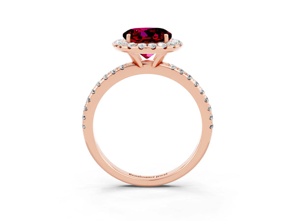 Rose gold Round Cut Garnet Halo Engagement Ring with Round Pavé Band and Prong Setting