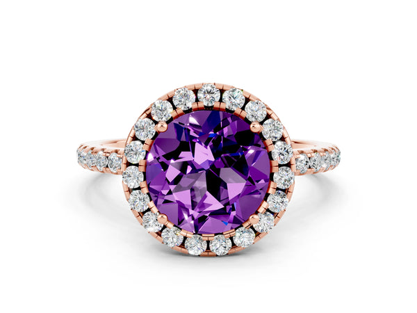 Rose gold Round Cut Amethyst Halo Engagement Ring with Round Pavé Band and Prong Setting