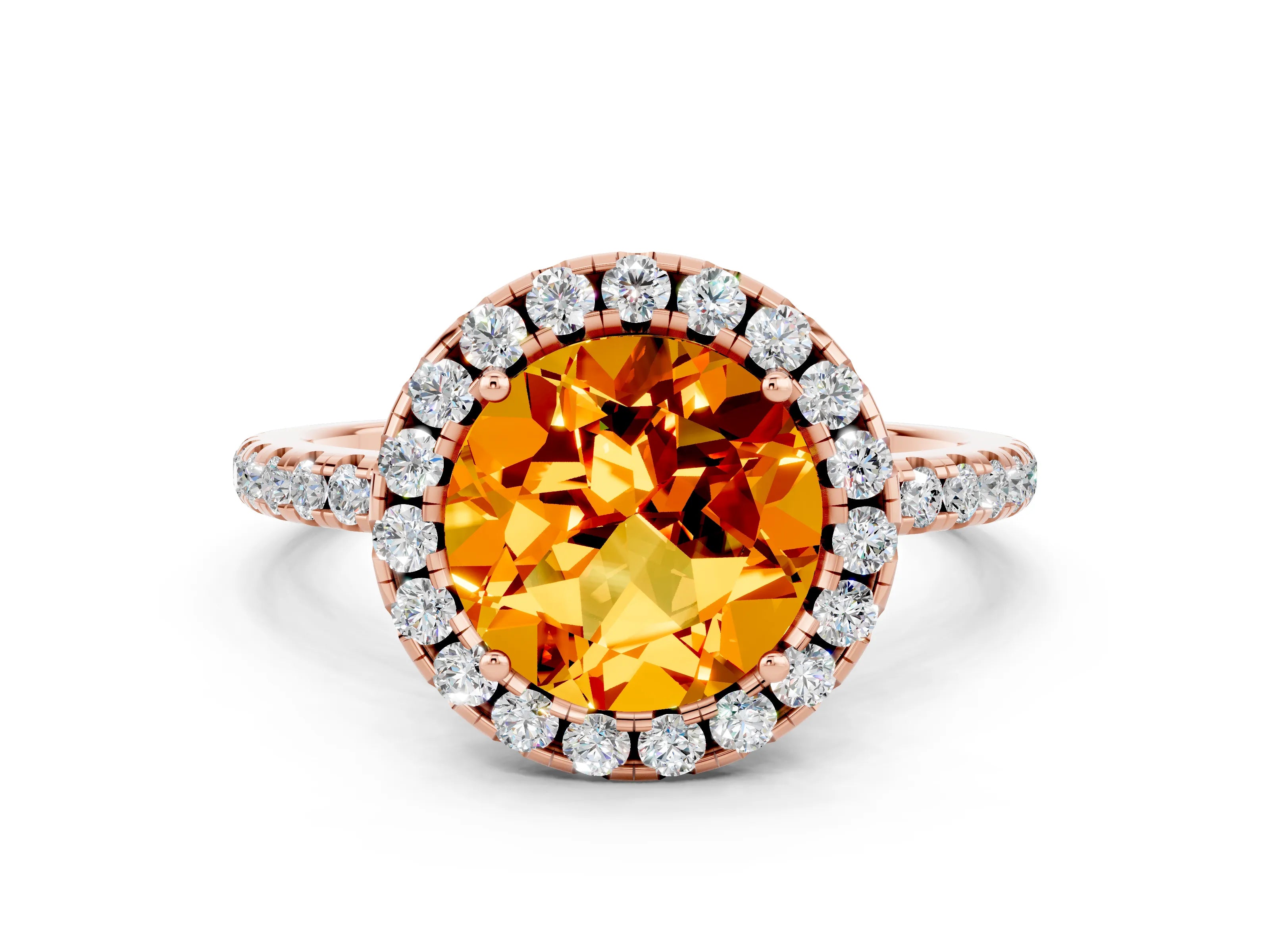 Rose gold Round Cut Cut Diamond Floral Halo Engagement Ring with Pavé Band and Prong Setting
