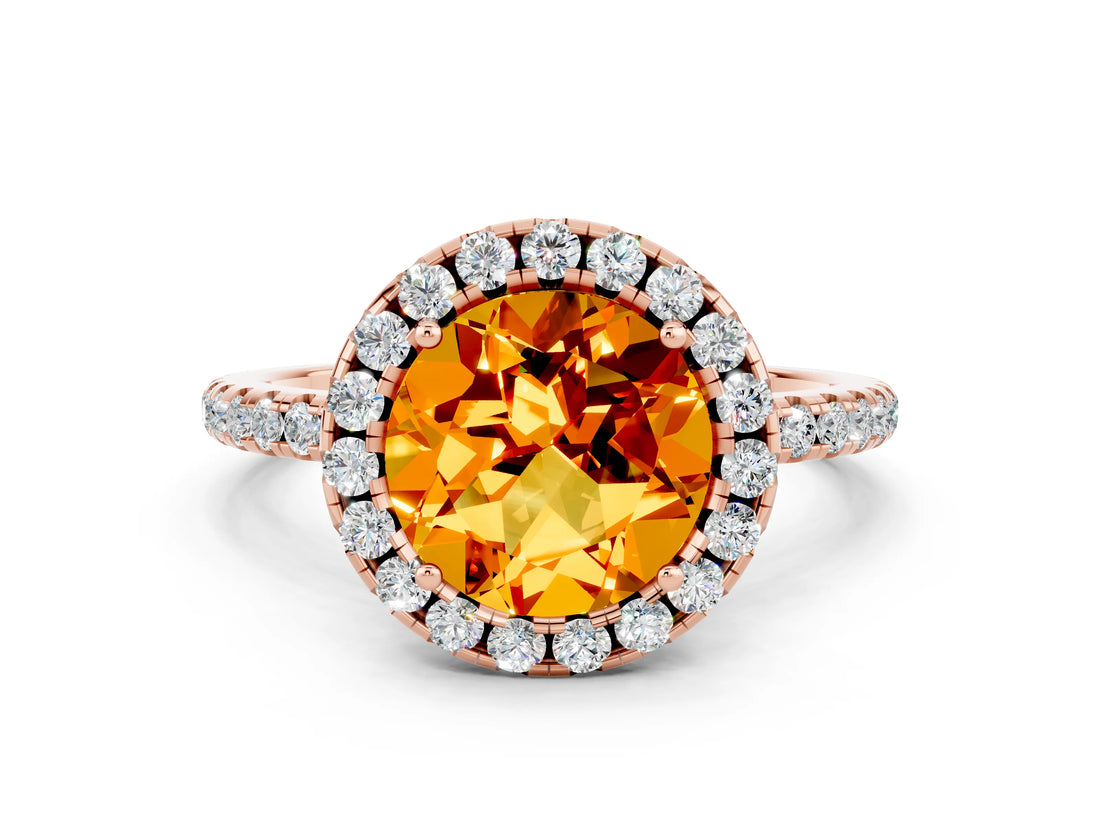 Rose gold Round Cut Cut Diamond Floral Halo Engagement Ring with Pavé Band and Prong Setting