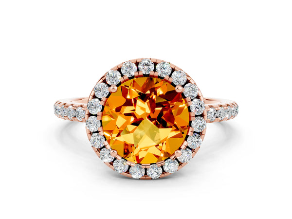 Rose gold Round Cut Citrine Halo Engagement Ring with Round Pavé Band and Prong Setting