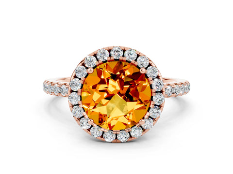 Rose gold Round Cut Cut Diamond Floral Halo Engagement Ring with Pavé Band and Prong Setting