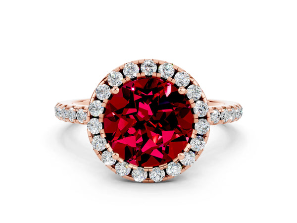 Rose gold Round Cut Garnet Halo Engagement Ring with Round Pavé Band and Prong Setting