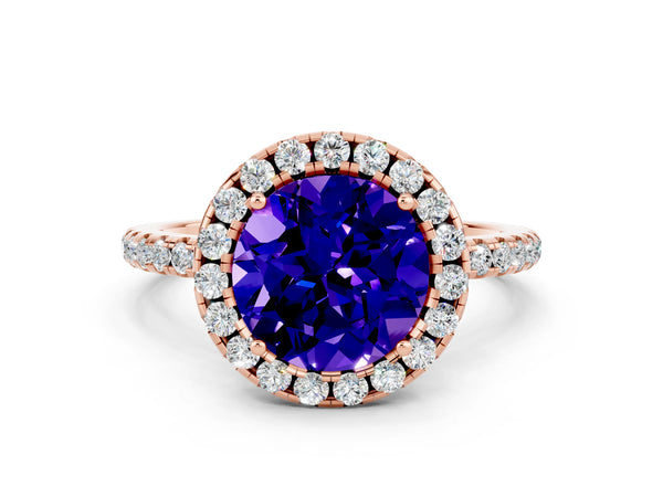 Rose gold Round Cut Tanzanite Halo Engagement Ring with Round Pavé Band and Prong Setting