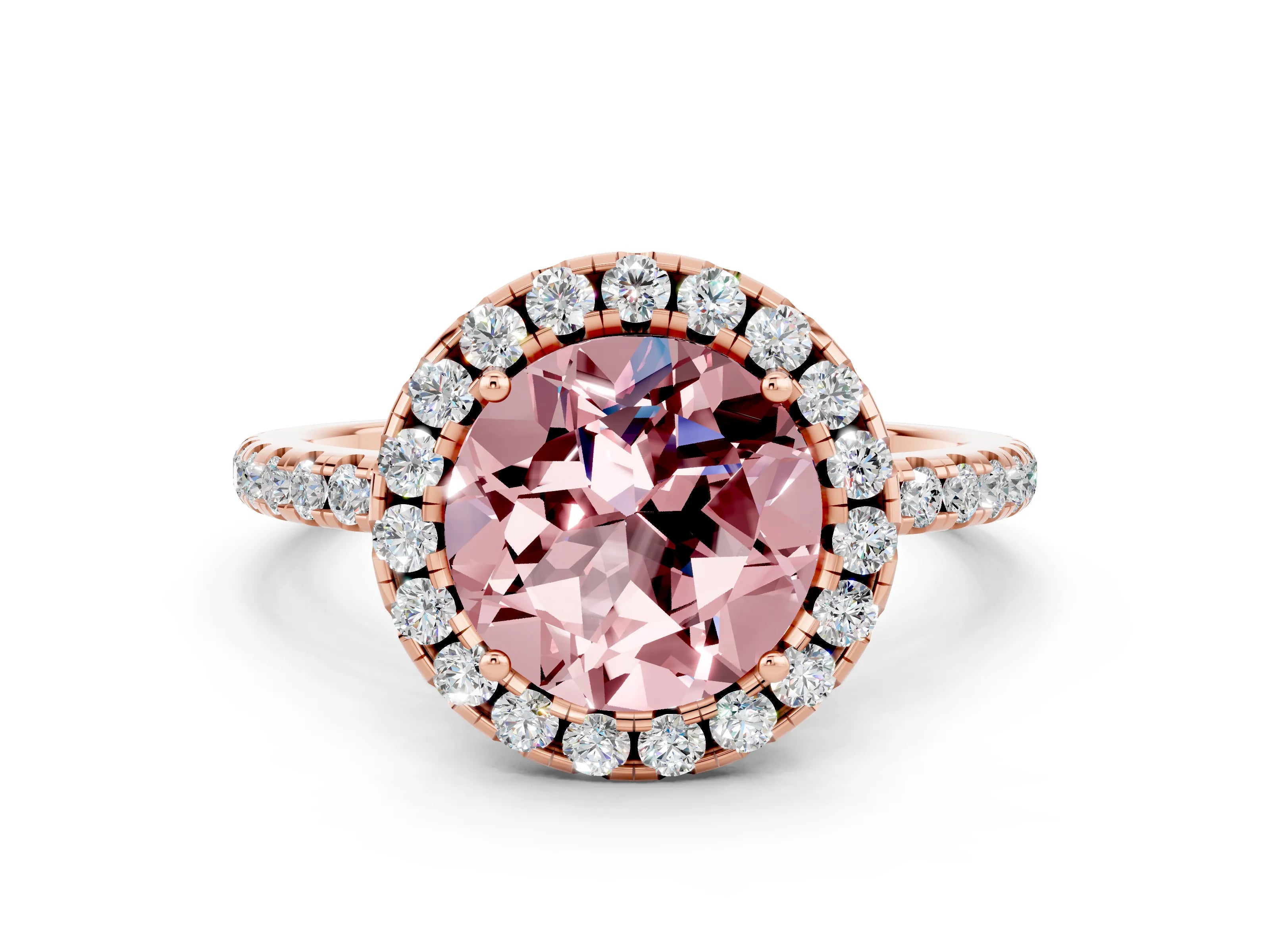 Rose gold Round Cut Cut Diamond Floral Halo Engagement Ring with Pavé Band and Prong Setting