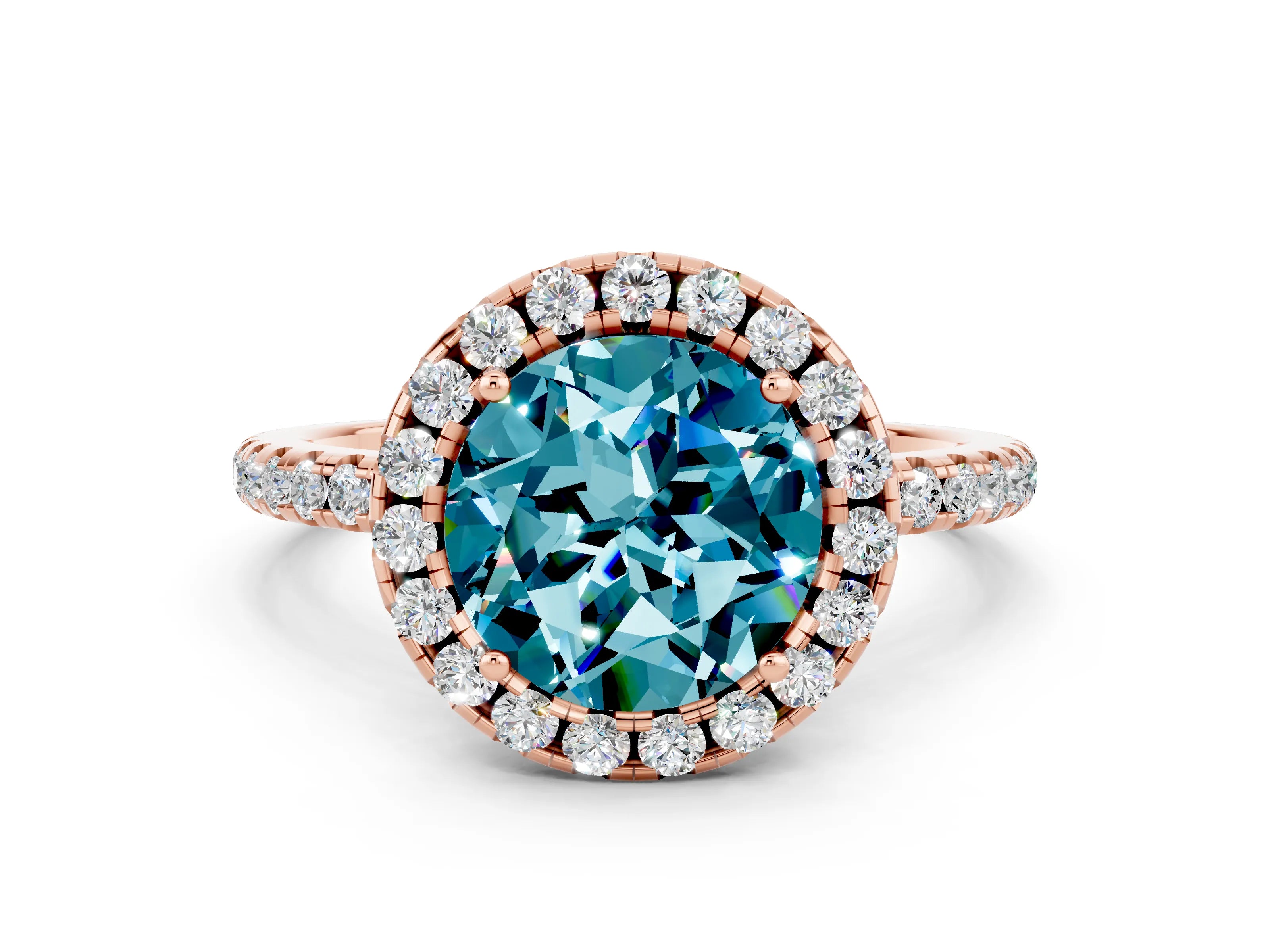 Rose gold Round Cut Cut Diamond Floral Halo Engagement Ring with Pavé Band and Prong Setting