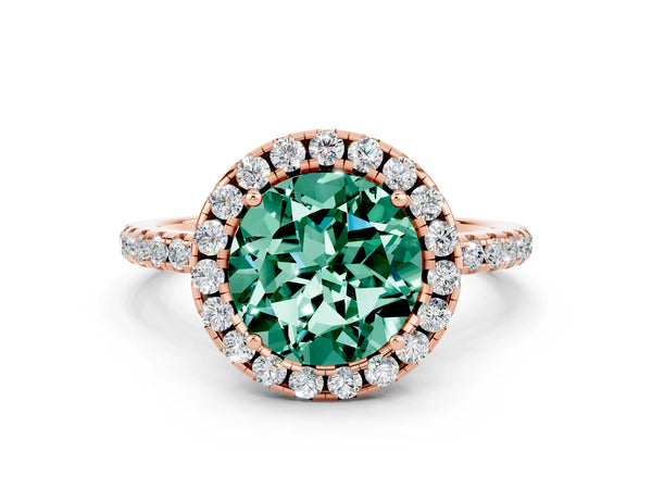Rose gold Round Cut Green Sapphire Halo Engagement Ring with Round Pavé Band and Prong Setting
