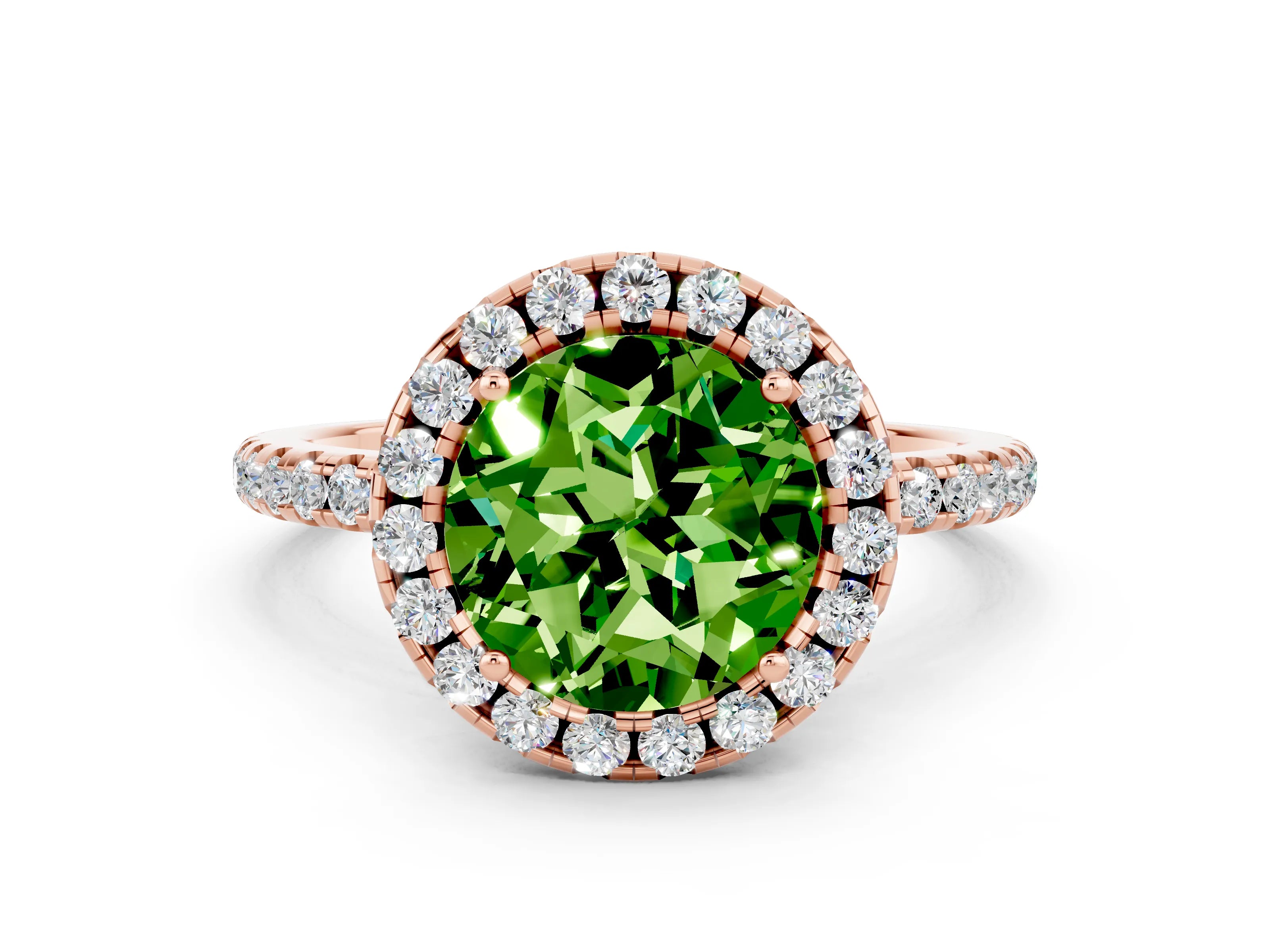 Rose gold Round Cut Cut Diamond Floral Halo Engagement Ring with Pavé Band and Prong Setting
