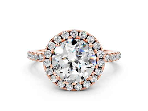 Rose gold Round Cut Cut Diamond Floral Halo Engagement Ring with Pavé Band and Prong Setting