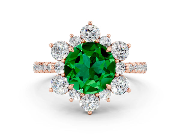 Rose gold Round Cut Emerald Floral Halo Ring with Round Pavé Band and Prong Setting