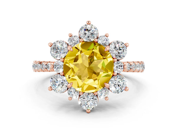 Rose gold Round Cut Yellow Sapphire Floral Halo Ring with Round Pavé Band and Prong Setting