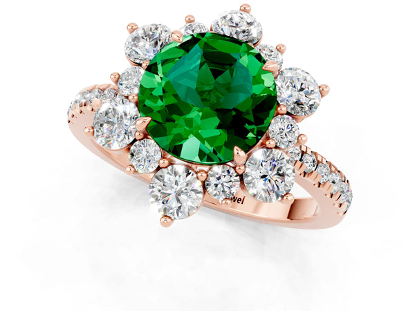 Rose gold Round Cut Emerald Floral Halo Ring with Round Pavé Band and Prong Setting