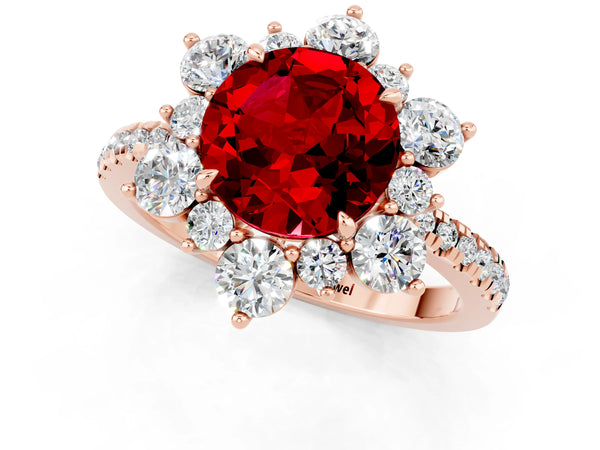 Rose gold Round Cut Ruby Floral Halo Ring with Round Pavé Band and Prong Setting